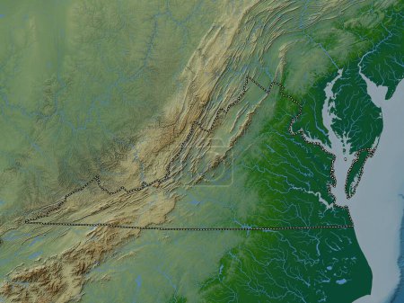 Téléchargez les photos : Virginie, État des États-Unis d'Amérique. Carte d'altitude colorée avec lacs et rivières - en image libre de droit