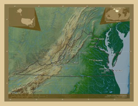 Téléchargez les photos : Virginie, État des États-Unis d'Amérique. Carte d'altitude colorée avec lacs et rivières. Emplacements et noms des grandes villes de la région. Corner cartes de localisation auxiliaires - en image libre de droit