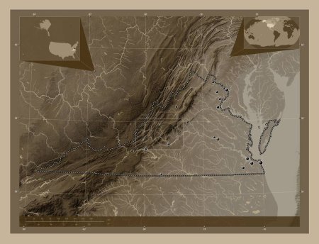 Téléchargez les photos : Virginie, État des États-Unis d'Amérique. Carte d'altitude colorée dans des tons sépia avec des lacs et des rivières. Emplacements des grandes villes de la région. Corner cartes de localisation auxiliaires - en image libre de droit