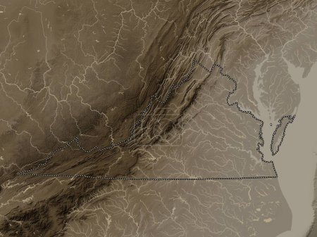 Téléchargez les photos : Virginie, État des États-Unis d'Amérique. Carte d'altitude colorée dans des tons sépia avec des lacs et des rivières - en image libre de droit