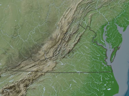Téléchargez les photos : Virginie, État des États-Unis d'Amérique. Carte d'altitude colorée dans le style wiki avec des lacs et des rivières - en image libre de droit