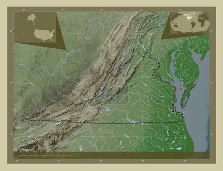 Téléchargez les photos : Virginie, État des États-Unis d'Amérique. Carte d'altitude colorée dans le style wiki avec des lacs et des rivières. Emplacements des grandes villes de la région. Corner cartes de localisation auxiliaires - en image libre de droit