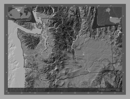 Photo for Washington, state of United States of America. Bilevel elevation map with lakes and rivers. Locations and names of major cities of the region. Corner auxiliary location maps - Royalty Free Image