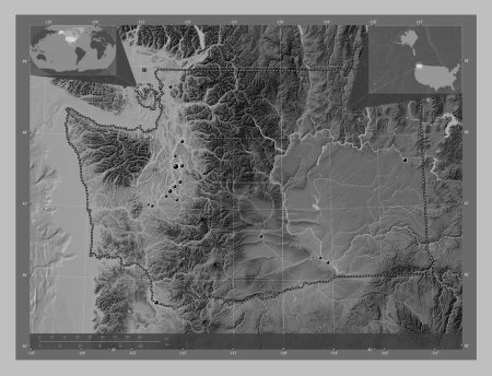Photo for Washington, state of United States of America. Grayscale elevation map with lakes and rivers. Locations of major cities of the region. Corner auxiliary location maps - Royalty Free Image