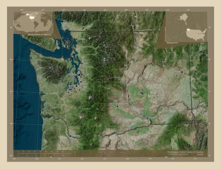 Téléchargez les photos : Washington, État des États-Unis d'Amérique. Carte satellite haute résolution. Emplacements et noms des grandes villes de la région. Corner cartes de localisation auxiliaires - en image libre de droit