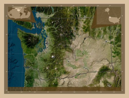 Photo for Washington, state of United States of America. Low resolution satellite map. Locations of major cities of the region. Corner auxiliary location maps - Royalty Free Image