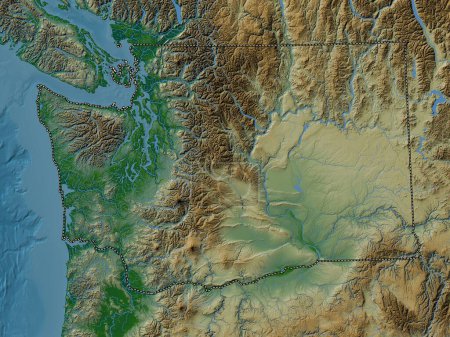 Téléchargez les photos : Washington, État des États-Unis d'Amérique. Carte d'altitude colorée avec lacs et rivières - en image libre de droit