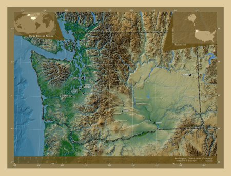 Photo for Washington, state of United States of America. Colored elevation map with lakes and rivers. Locations and names of major cities of the region. Corner auxiliary location maps - Royalty Free Image
