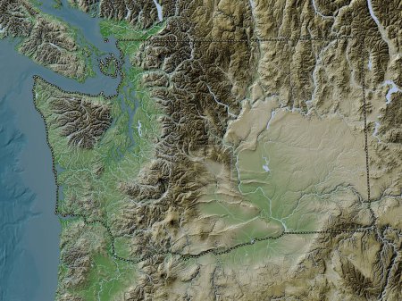 Téléchargez les photos : Washington, État des États-Unis d'Amérique. Carte d'altitude colorée dans le style wiki avec des lacs et des rivières - en image libre de droit