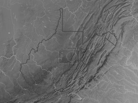 Téléchargez les photos : Virginie occidentale, État des États-Unis d'Amérique. Carte d'altitude en niveaux de gris avec lacs et rivières - en image libre de droit