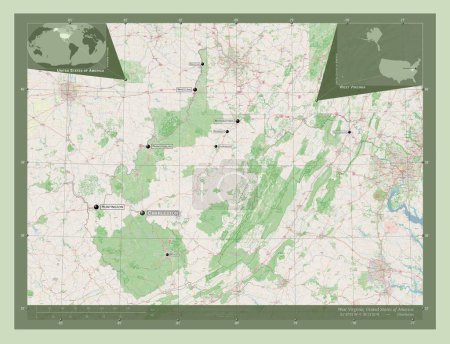 Foto de Virginia Occidental, estado de los Estados Unidos de América. Open Street Map. Ubicaciones y nombres de las principales ciudades de la región. Mapas de ubicación auxiliares de esquina - Imagen libre de derechos