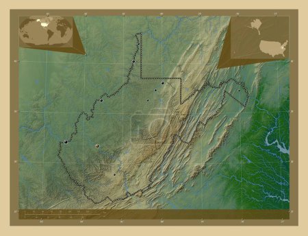 Téléchargez les photos : Virginie occidentale, État des États-Unis d'Amérique. Carte d'altitude colorée avec lacs et rivières. Emplacements des grandes villes de la région. Corner cartes de localisation auxiliaires - en image libre de droit