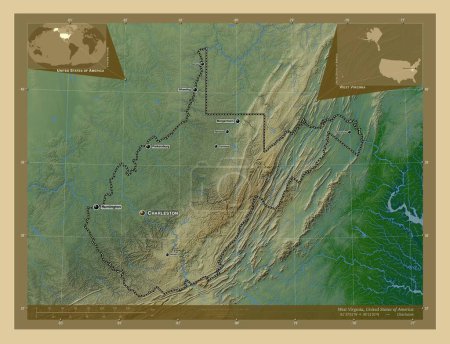 Téléchargez les photos : Virginie occidentale, État des États-Unis d'Amérique. Carte d'altitude colorée avec lacs et rivières. Emplacements et noms des grandes villes de la région. Corner cartes de localisation auxiliaires - en image libre de droit