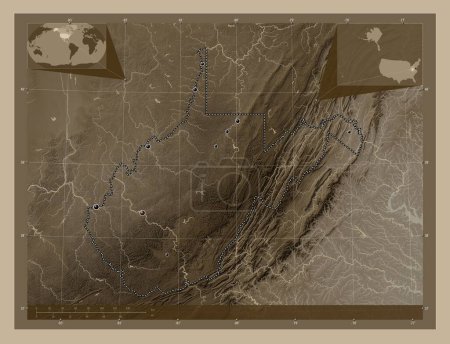 Foto de Virginia Occidental, estado de los Estados Unidos de América. Mapa de elevación coloreado en tonos sepia con lagos y ríos. Ubicaciones de las principales ciudades de la región. Mapas de ubicación auxiliares de esquina - Imagen libre de derechos