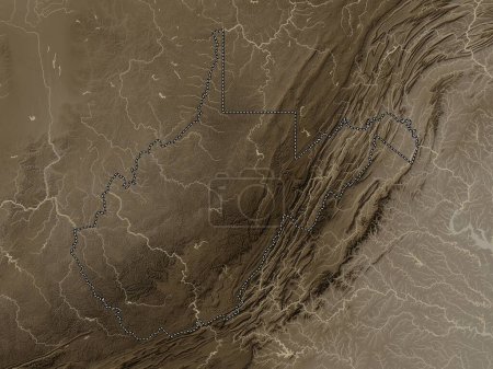 Foto de Virginia Occidental, estado de los Estados Unidos de América. Mapa de elevación coloreado en tonos sepia con lagos y ríos - Imagen libre de derechos