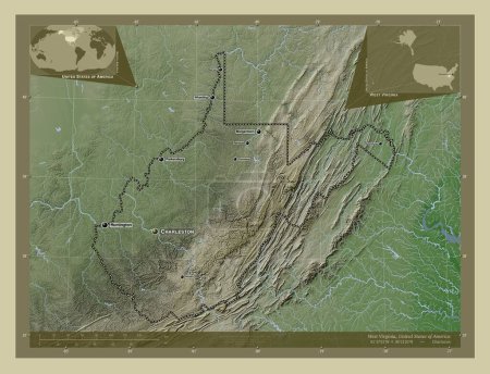 Foto de Virginia Occidental, estado de los Estados Unidos de América. Mapa de elevación coloreado en estilo wiki con lagos y ríos. Ubicaciones y nombres de las principales ciudades de la región. Mapas de ubicación auxiliares de esquina - Imagen libre de derechos