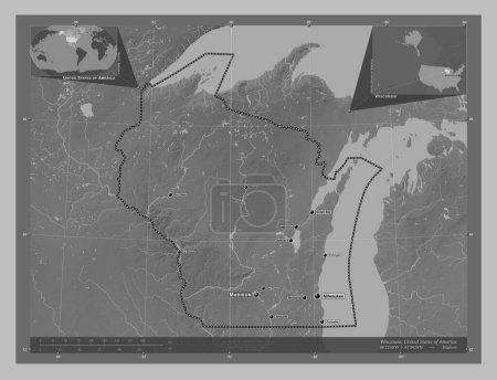 Foto de Wisconsin, estado de los Estados Unidos de América. Mapa de elevación a escala de grises con lagos y ríos. Ubicaciones y nombres de las principales ciudades de la región. Mapas de ubicación auxiliares de esquina - Imagen libre de derechos