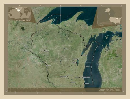 Foto de Wisconsin, estado de los Estados Unidos de América. Mapa satelital de alta resolución. Ubicaciones y nombres de las principales ciudades de la región. Mapas de ubicación auxiliares de esquina - Imagen libre de derechos