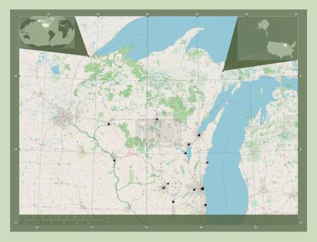 Foto de Wisconsin, estado de los Estados Unidos de América. Open Street Map. Ubicaciones de las principales ciudades de la región. Mapas de ubicación auxiliares de esquina - Imagen libre de derechos