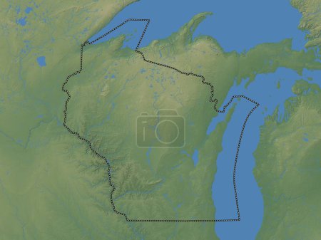 Foto de Wisconsin, estado de los Estados Unidos de América. Mapa de elevación de colores con lagos y ríos - Imagen libre de derechos