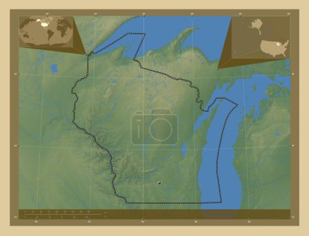 Foto de Wisconsin, estado de los Estados Unidos de América. Mapa de elevación de colores con lagos y ríos. Mapas de ubicación auxiliares de esquina - Imagen libre de derechos