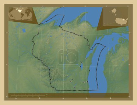Foto de Wisconsin, estado de los Estados Unidos de América. Mapa de elevación de colores con lagos y ríos. Ubicaciones de las principales ciudades de la región. Mapas de ubicación auxiliares de esquina - Imagen libre de derechos