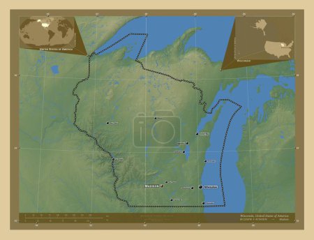 Foto de Wisconsin, estado de los Estados Unidos de América. Mapa de elevación de colores con lagos y ríos. Ubicaciones y nombres de las principales ciudades de la región. Mapas de ubicación auxiliares de esquina - Imagen libre de derechos