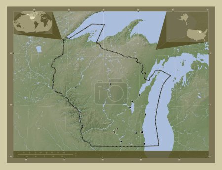 Foto de Wisconsin, estado de los Estados Unidos de América. Mapa de elevación coloreado en estilo wiki con lagos y ríos. Ubicaciones de las principales ciudades de la región. Mapas de ubicación auxiliares de esquina - Imagen libre de derechos