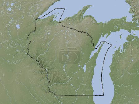 Foto de Wisconsin, estado de los Estados Unidos de América. Mapa de elevación coloreado en estilo wiki con lagos y ríos - Imagen libre de derechos