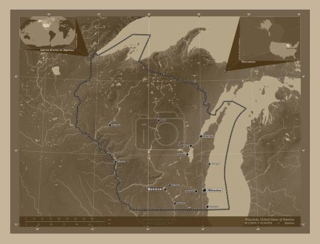 Foto de Wisconsin, estado de los Estados Unidos de América. Mapa de elevación coloreado en tonos sepia con lagos y ríos. Ubicaciones y nombres de las principales ciudades de la región. Mapas de ubicación auxiliares de esquina - Imagen libre de derechos
