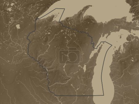 Foto de Wisconsin, estado de los Estados Unidos de América. Mapa de elevación coloreado en tonos sepia con lagos y ríos - Imagen libre de derechos