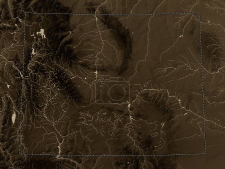 Foto de Wyoming, estado de los Estados Unidos de América. Mapa de elevación coloreado en tonos sepia con lagos y ríos - Imagen libre de derechos