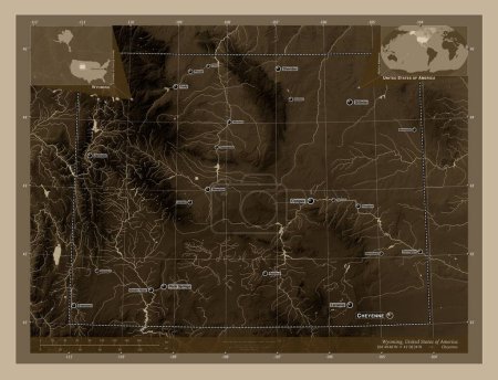Foto de Wyoming, estado de los Estados Unidos de América. Mapa de elevación coloreado en tonos sepia con lagos y ríos. Ubicaciones y nombres de las principales ciudades de la región. Mapas de ubicación auxiliares de esquina - Imagen libre de derechos