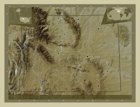 Téléchargez les photos : Wyoming, État des États-Unis. Carte d'altitude colorée dans le style wiki avec des lacs et des rivières. Emplacements des grandes villes de la région. Corner cartes de localisation auxiliaires - en image libre de droit