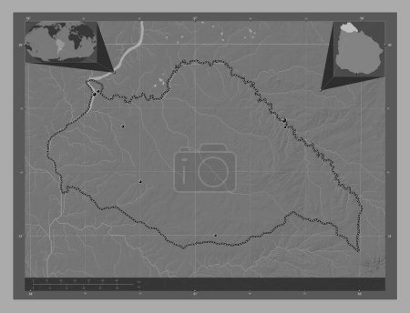 Téléchargez les photos : Artigas, département de l'Uruguay. Carte d'altitude de Bilevel avec lacs et rivières. Emplacements des grandes villes de la région. Corner cartes de localisation auxiliaires - en image libre de droit