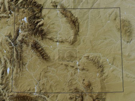 Foto de Wyoming, estado de los Estados Unidos de América. Mapa de elevación coloreado en estilo wiki con lagos y ríos - Imagen libre de derechos