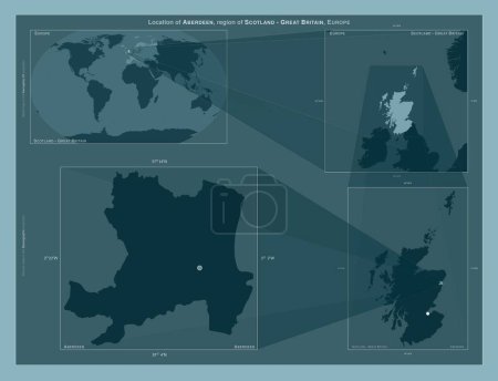 Téléchargez les photos : Aberdeen, région d'Écosse - Grande-Bretagne. Diagramme montrant l'emplacement de la région sur des cartes à plus grande échelle. Composition des cadres vectoriels et des formes PNG sur un fond solide - en image libre de droit