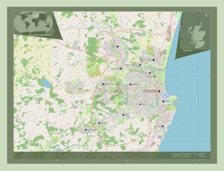 Foto de Aberdeen, región de Escocia - Gran Bretaña. Open Street Map. Ubicaciones y nombres de las principales ciudades de la región. Mapas de ubicación auxiliares de esquina - Imagen libre de derechos