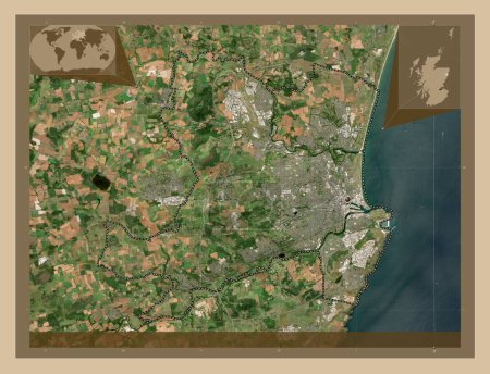 Foto de Aberdeen, región de Escocia - Gran Bretaña. Mapa satelital de baja resolución. Mapas de ubicación auxiliares de esquina - Imagen libre de derechos
