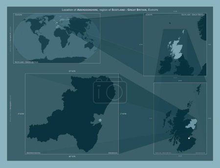 Téléchargez les photos : Aberdeenshire, région d'Écosse - Grande-Bretagne. Diagramme montrant l'emplacement de la région sur des cartes à plus grande échelle. Composition des cadres vectoriels et des formes PNG sur un fond solide - en image libre de droit