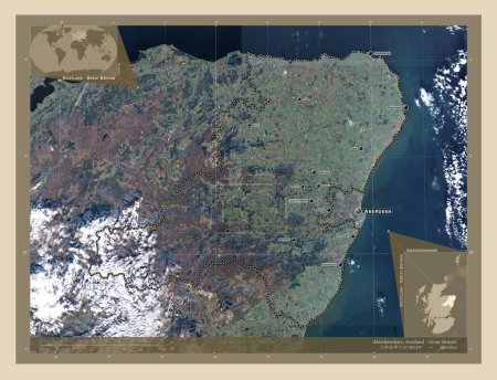 Foto de Aberdeenshire, región de Escocia - Gran Bretaña. Mapa satelital de alta resolución. Ubicaciones y nombres de las principales ciudades de la región. Mapas de ubicación auxiliares de esquina - Imagen libre de derechos