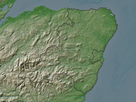 Téléchargez les photos : Aberdeenshire, région d'Écosse - Grande-Bretagne. Carte d'altitude colorée dans le style wiki avec des lacs et des rivières - en image libre de droit