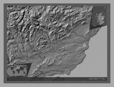 Foto de Angus, región de Escocia - Gran Bretaña. Mapa de elevación de Bilevel con lagos y ríos. Ubicaciones y nombres de las principales ciudades de la región. Mapas de ubicación auxiliares de esquina - Imagen libre de derechos
