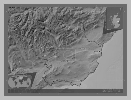 Photo for Angus, region of Scotland - Great Britain. Grayscale elevation map with lakes and rivers. Locations and names of major cities of the region. Corner auxiliary location maps - Royalty Free Image