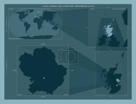 Téléchargez les photos : Angus, région d'Écosse - Grande-Bretagne. Diagramme montrant l'emplacement de la région sur des cartes à plus grande échelle. Composition des cadres vectoriels et des formes PNG sur un fond solide - en image libre de droit