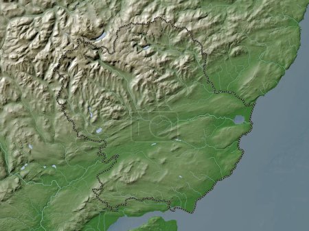 Foto de Angus, región de Escocia - Gran Bretaña. Mapa de elevación coloreado en estilo wiki con lagos y ríos - Imagen libre de derechos