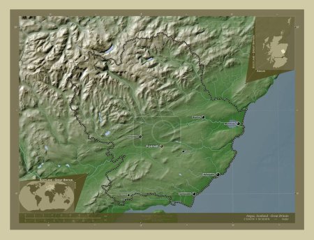 Téléchargez les photos : Angus, région d'Écosse - Grande-Bretagne. Carte d'altitude colorée dans le style wiki avec des lacs et des rivières. Emplacements et noms des grandes villes de la région. Corner cartes de localisation auxiliaires - en image libre de droit