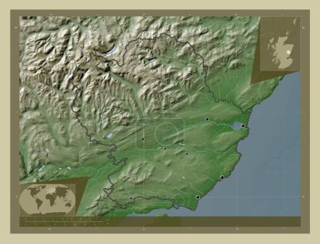 Foto de Angus, región de Escocia - Gran Bretaña. Mapa de elevación coloreado en estilo wiki con lagos y ríos. Ubicaciones de las principales ciudades de la región. Mapas de ubicación auxiliares de esquina - Imagen libre de derechos
