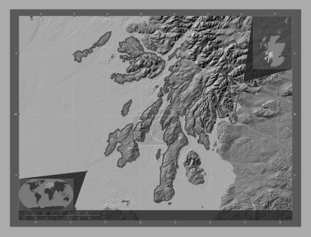 Foto de Argyll y Bute, región de Escocia - Gran Bretaña. Mapa de elevación de Bilevel con lagos y ríos. Ubicaciones de las principales ciudades de la región. Mapas de ubicación auxiliares de esquina - Imagen libre de derechos