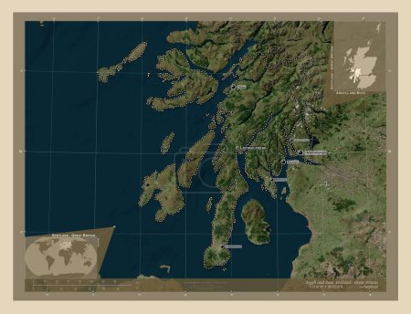 Foto de Argyll y Bute, región de Escocia - Gran Bretaña. Mapa satelital de alta resolución. Ubicaciones y nombres de las principales ciudades de la región. Mapas de ubicación auxiliares de esquina - Imagen libre de derechos